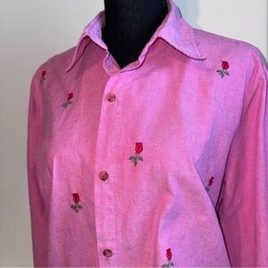 Lemon Grass Studio Embroidered Roses Button Down Shirt Pink Size XL Cotton